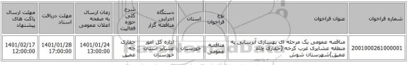 مناقصه عمومی یک مرحله ای بهسازی آبرسانی به منطقه عشایری غرب کرخه (حفاری چاه عمیق)شهرستان شوش