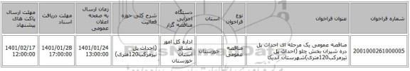 مناقصه عمومی یک مرحله ای احداث پل دره شیران بخش چلو (احداث پل تیرمرکب120متری)شهرستان اندیکا