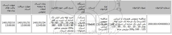 مناقصه عمومی همزمان با ارزیابی (فشرده) یک مرحله ای خرید لوله پلی اتیلن تک  جداره آب شرب در قطر های 20 ، 25 ، 63 ، 75 ، 90 ، 110 ، 125 ، 160 و200  میلیمتر مناط