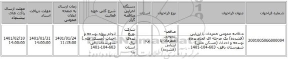 مناقصه عمومی همزمان با ارزیابی (فشرده) یک مرحله ای انجام پروژه توسعه و احداث (مسکن ملی) شهرستان بافق- 603-104-1401