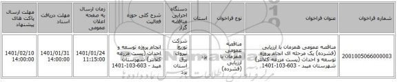 مناقصه عمومی همزمان با ارزیابی (فشرده) یک مرحله ای انجام پروژه توسعه و احداث (پست مزرعه کلانتر) شهرستان میبد - 603-103-1401