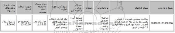 مناقصه عمومی همزمان با ارزیابی (فشرده) یک مرحله ای لوله گذاری فاضلاب ادامه بلوار قانع و ادامه فرعی 11 ولیعصر غربی