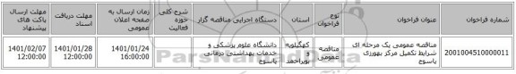 مناقصه عمومی یک مرحله ای شرایط تکمیل مرکز بهورزی یاسوج