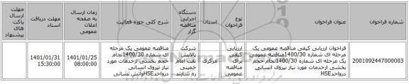 فراخوان ارزیابی کیفی مناقصه عمومی یک مرحله ای شماره 1400/30مناقصه عمومی یک مرحله ای شماره 1400/30نجام حجم بخشی ازخدمات مورد نیاز نیروی انسانی درواحدHSE