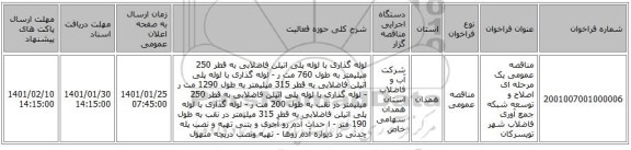 مناقصه عمومی یک مرحله ای اصلاح و توسعه شبکه جمع آوری فاضلاب شهر تویسرکان