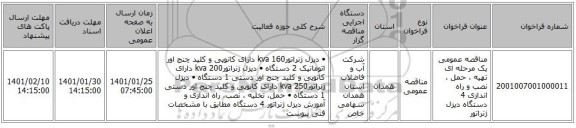 مناقصه عمومی یک مرحله ای تهیه ، حمل ، نصب و راه اندازی 4 دستگاه دیزل ژنراتور 