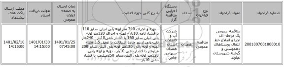 مناقصه عمومی یک مرحله ای اجرا و اصلاح خط انتقال روستاهای دهموسی و گوشه شهرستان نهاوند