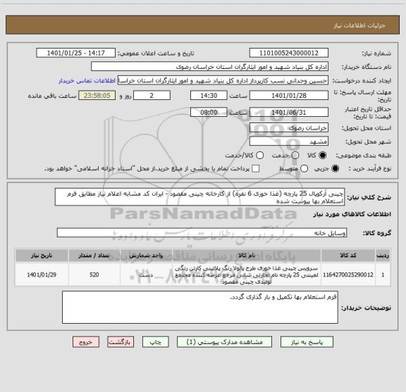 استعلام چینی آرکوپال 25 پارچه (غذا خوری 6 نفره) از کارخانه چینی مقصود - ایران کد مشابه اعلام نیاز مطابق فرم استعلام بها پیوست شده