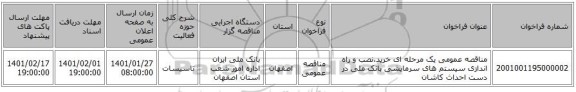 مناقصه عمومی یک مرحله ای خرید،نصب و راه اندازی سیستم های سرمایشی بانک ملی در دست احداث کاشان