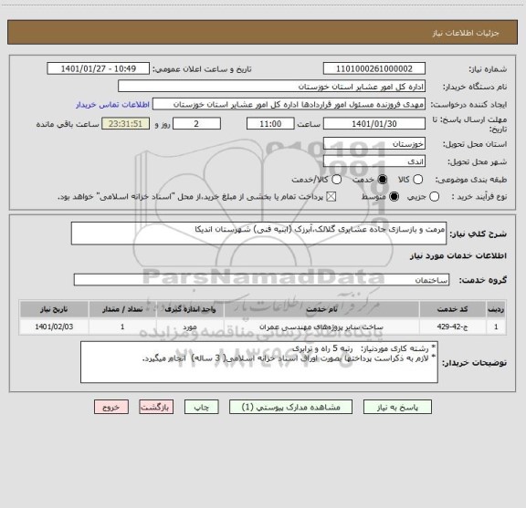 استعلام مرمت و بازسازی جاده عشایری گلالک،آبرزک (ابنیه فنی) شهرستان اندیکا