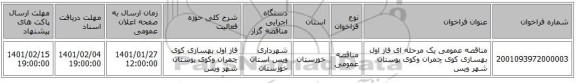 مناقصه عمومی یک مرحله ای فاز اول بهسازی کوی چمران وکوی بوستان شهر ویس 