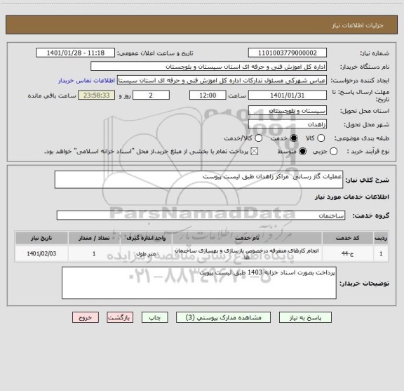 استعلام عملیات گاز رسانی  مراکز زاهدان طبق لیست پیوست 