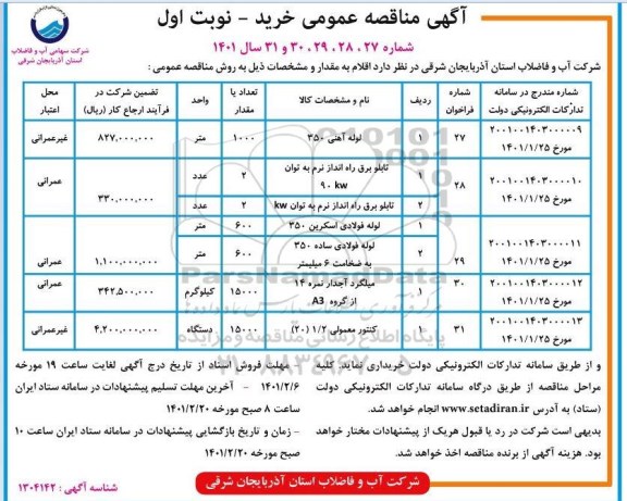 مناقصه، مناقصه لوله آهنی 350 و...