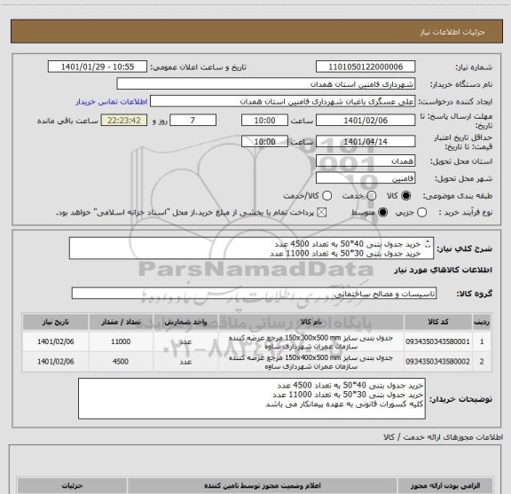 استعلام خرید جدول بتنی 40*50 به تعداد 4500 عدد
خرید جدول بتنی 30*50 به تعداد 11000 عدد 
کلیه کسورات قانونی به عهده پیمانکار می باشد 