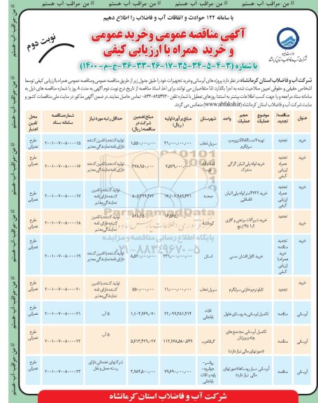 مناقصه پروژه های آبرسانی و خرید تجهیزات 