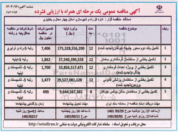 مناقصه تکمیل باند دوم محور ...  نوبت دوم