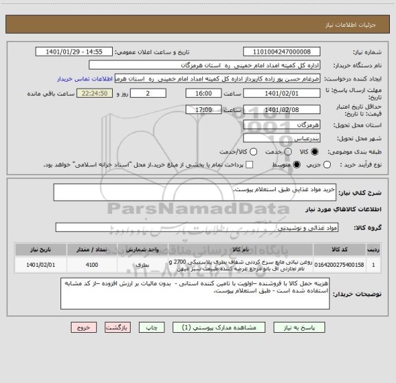 استعلام خرید مواد غذایی طبق استعلام پیوست.