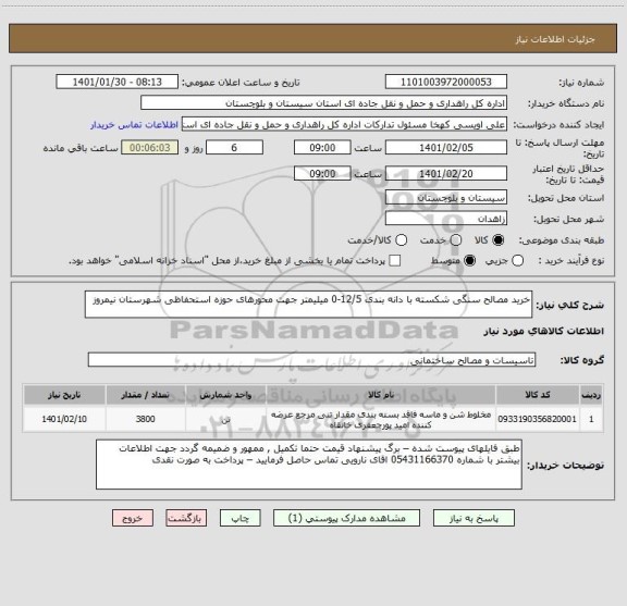 استعلام خرید مصالح سنگی شکسته با دانه بندی 12/5-0 میلیمتر جهت محورهای حوزه استحفاظی شهرستان نیمروز 