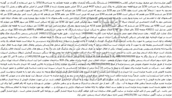 آگهی مزایده ششدانگ یکدستگاه آپارتمان واقع در طبقه همکف به مساحت375/19