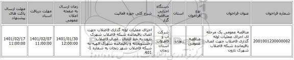 مناقصه عمومی یک مرحله ای اجرای عملیات لوله گذاری فاضلاب جهت اتصال باقیمانده شبکه فاضلاب شهرک نارون 