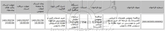 مناقصه عمومی همزمان با ارزیابی (فشرده) یک مرحله ای خرید خدمات فنی و مهندسی در حوزه نظارت بر سرویس های رادیویی