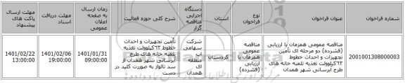 مناقصه عمومی همزمان با ارزیابی (فشرده) دو مرحله ای تأمین تجهیزات و احداث خطوط  ٦٣کیلوولت تغذیه تلمبه خانه های طرح آبرسانی شهر همدان