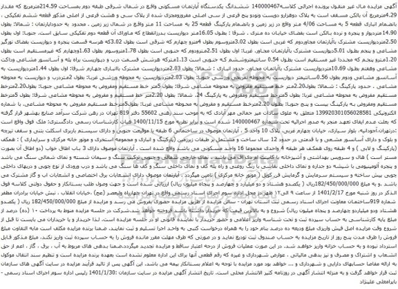 آگهی مزایده ششدانگ یکدستگاه آپارتمان مسکونی واقع در شمال شرقی طبقه دوم بمساحت 214.59مترمربع