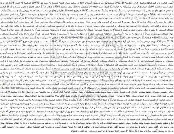 آگهی مزایده ششدانگ یک دستگاه آپارتمان واقع در سمت شرق طبقه ششم به مساحت 199/45 مترمربع 