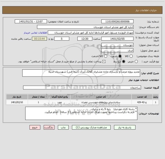 استعلام تجدید پروژه مرمت و بازسازی جاده عشایری گلالک،آبرزک (ابنیه فنی) شهرستان اندیکا