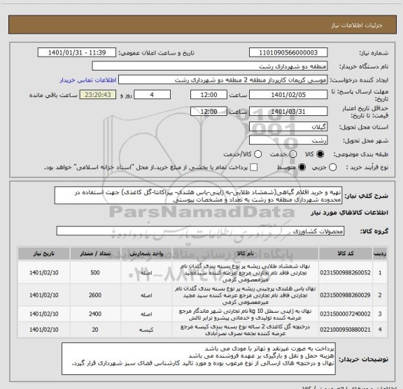 استعلام تهیه و خرید اقلام گیاهی(شمشاد طلایی-به ژاپنی-یاس هلندی- پیراکانتا-گل کاغذی) جهت استفاده در محدوده شهرداری منطقه دو رشت به تعداد و مشخصات پیوستی