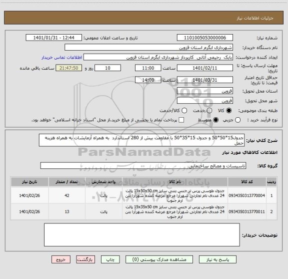 استعلام جدول15*50*50 و جدول 15*35*50 با مقاومت بیش از 280 استاندارد  به همراه آزمایشات به همراه هزینه حمل