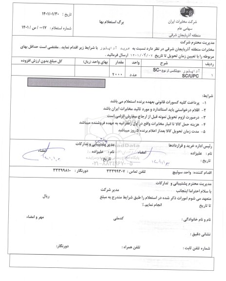 استعلام خرید آداپتور دوبلکس از نوع SC