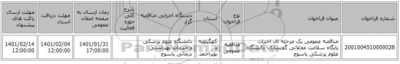 مناقصه عمومی یک مرحله ای احداث پایگاه سلامت محلاتی گچساران دانشگاه علوم پزشکی یاسوج