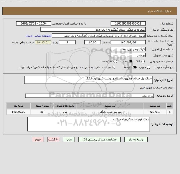 استعلام احداث پل خیابان جمهوری اسلامی پشت شهرداری لیکک