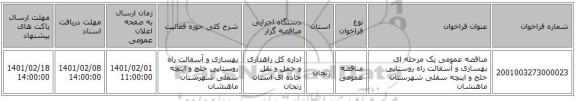 مناقصه عمومی یک مرحله ای بهسازی و آسفالت راه روستایی خلج و اینچه سفلی شهرستان ماهنشان