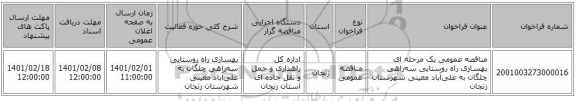 مناقصه عمومی یک مرحله ای بهسازی راه روستایی سه‌راهی چلگان به علی‌آباد معینی شهرستان زنجان