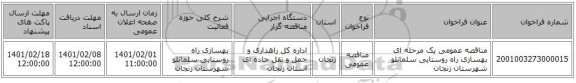 مناقصه عمومی یک مرحله ای بهسازی راه روستایی سلمانلو شهرستان زنجان