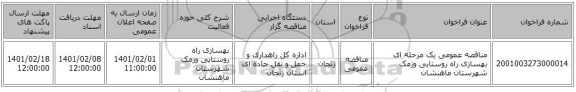 مناقصه عمومی یک مرحله ای بهسازی راه روستایی وزمک شهرستان ماهنشان