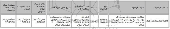 مناقصه عمومی یک مرحله ای بهسازی راه روستایی مشکین به سه‌راهی گلچین و جزوان شهرستان زنجان