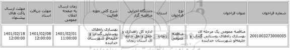 مناقصه عمومی یک مرحله ای بهسازی راه‌های روستایی گنداب و خلیفه‌لو شهرستان خدابنده