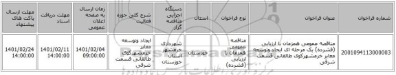 مناقصه عمومی همزمان با ارزیابی (فشرده) یک مرحله ای ایجاد وتوسعه معابر خرمشهرکوی طالقانی  قسمت شرقی