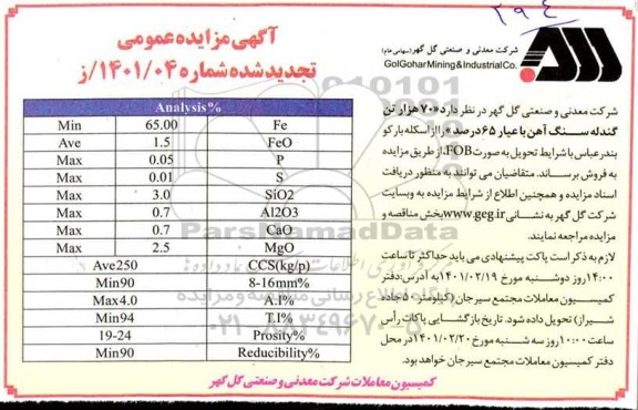 تجدید مناقصه  70 هزار تن گندله سنگ آهن با عیار 65 درصد