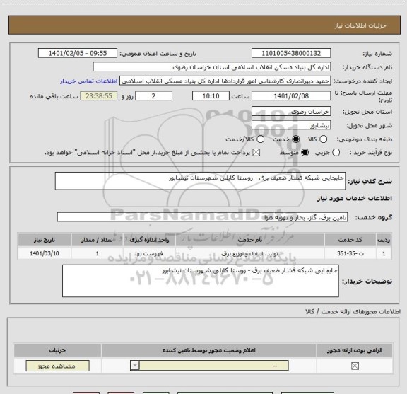 استعلام جابجایی شبکه فشار ضعیف برق - روستا کابلی شهرستان نیشابور