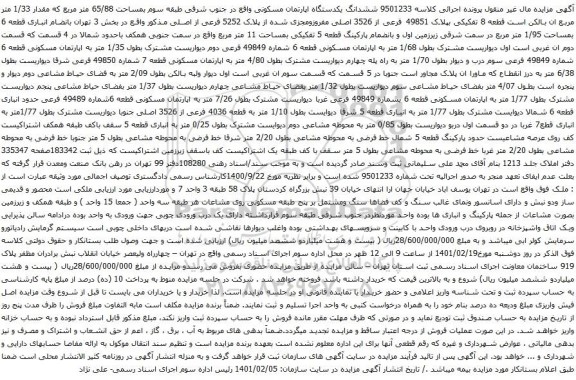 آگهی مزایده ششدانگ یکدستگاه اپارتمان مسکونی واقع در جنوب شرقی طبقه سوم بمساحت 65/88 متر مربع 