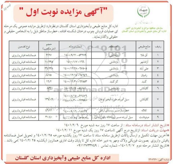 مزایده عملیات فروش چوب درختان شکسته افتاده، خطرساز مناطق