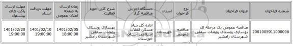 مناقصه عمومی یک مرحله ای بهسازی روستای رویضات سفلی شهرستان رامشیر