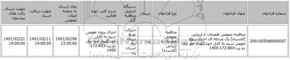 مناقصه عمومی همزمان با ارزیابی (فشرده) یک مرحله ای اجرای پروژه تعویض سیم به کابل خودنگهدار امور برق دو یزد-603-172-1400