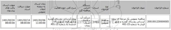 مناقصه عمومی یک مرحله ای پروژه آبرسانی روستای گوندره و شهر قیدار به شماره 15-401