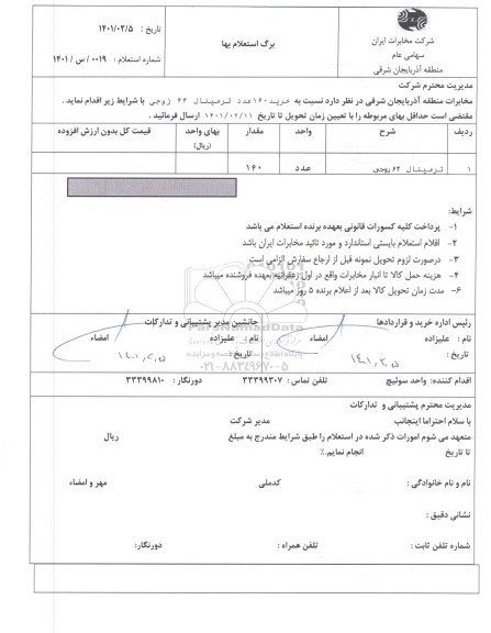 استعلام ترمینال 64 زوجی  	