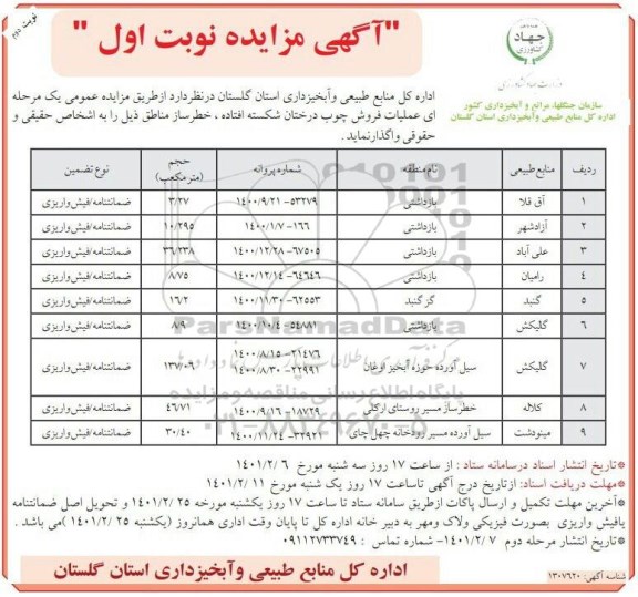 مزایده عملیات فروش چوب درختان شکسته افتاده، خطرساز مناطق- نوبت دوم 